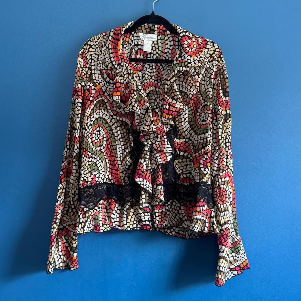 Y2K Lace Ruffle Blouse Women's Size XL Mosaic Pattern Dressbarn Stained Glass